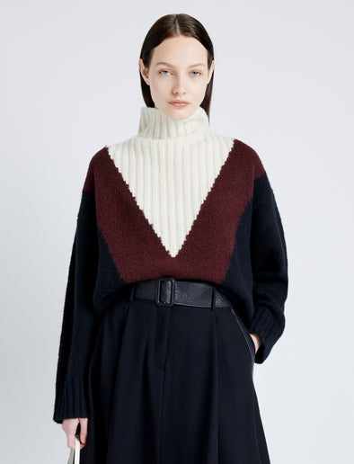 Proenza Schouler Front cropped image of model wearing Alma Sweater in Graphic Instrasia in BLACK MULTI