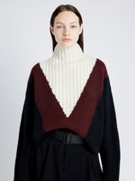 Proenza Schouler Detail image of model wearing Alma Sweater in Graphic Instrasia in BLACK MULTI