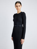 Proenza Schouler Detail image of model wearing Lauryn Dress in Silk Viscose Knit in BLACK