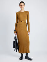 Proenza Schouler Front full length image of model wearing Lauryn Dress in Silk Viscose Knit in DARK CAMEL