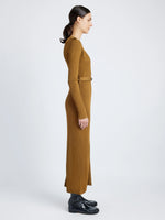 Proenza Schouler Side full length image of model wearing Lauryn Dress in Silk Viscose Knit in DARK CAMEL