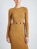 Proenza Schouler Detail image of model wearing Lauryn Dress in Silk Viscose Knit in DARK CAMEL