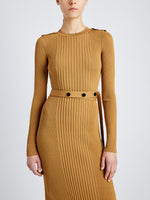 Proenza Schouler Detail image of model wearing Lauryn Dress in Silk Viscose Knit in DARK CAMEL