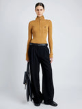 Proenza Schouler Front full length image of model wearing Norah Top in Silk Viscose Knit in DARK CAMEL