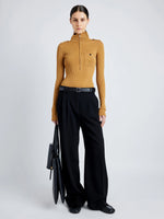 Proenza Schouler Front full length image of model wearing Norah Top in Silk Viscose Knit in DARK CAMEL