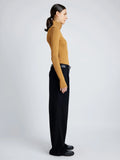 Proenza Schouler Side full length image of model wearing Norah Top in Silk Viscose Knit in DARK CAMEL