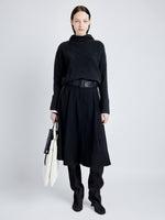 Proenza Schouler Front full length image of model wearing Greta Sweater in Lofty Eco Cashmere in BLACK