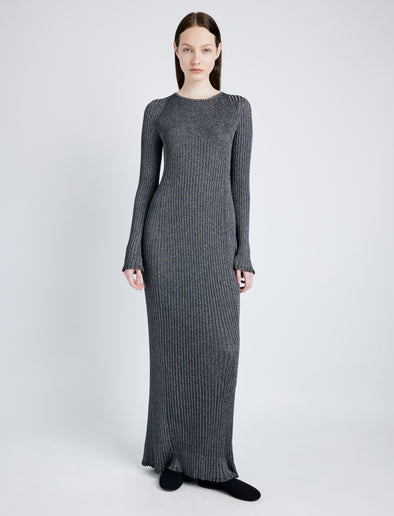 Proenza Schouler Front full length image of model wearing Joni Dress in Metallic Rib in SILVER