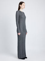 Proenza Schouler Side full length image of model wearing Joni Dress in Metallic Rib in SILVER