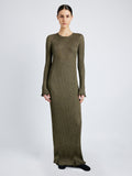 Proenza Schouler Front full length image of model wearing Joni Dress in Metallic Rib in GOLD