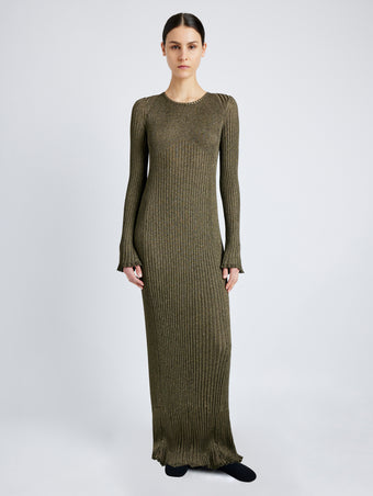 Proenza Schouler Front full length image of model wearing Joni Dress in Metallic Rib in GOLD