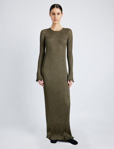 Proenza Schouler Front full length image of model wearing Joni Dress in Metallic Rib in GOLD