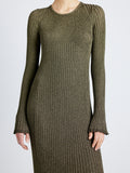 Proenza Schouler Detail image of model wearing Joni Dress in Metallic Rib in GOLD