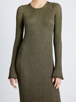 Proenza Schouler Detail image of model wearing Joni Dress in Metallic Rib in GOLD