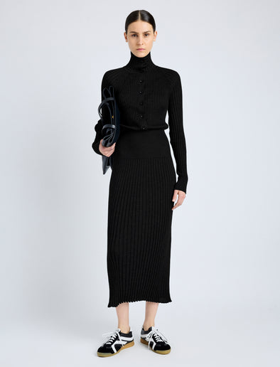 Proenza Schouler front image of model wearing Maeve Dress in Superfine Merino Silk in black