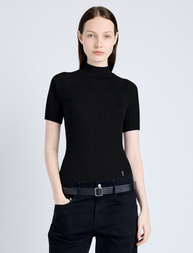 Proenza Schouler cropped front image of Jaden Top in Superfine Merino Silk in BLACK