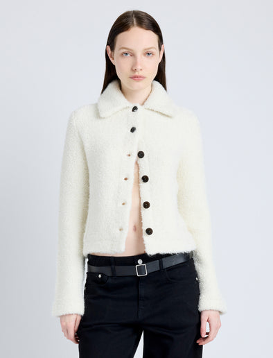 Proenza Schouler Cropped image of model wearing Sylvie Jacket in Loop Boucle Knit in IVORY