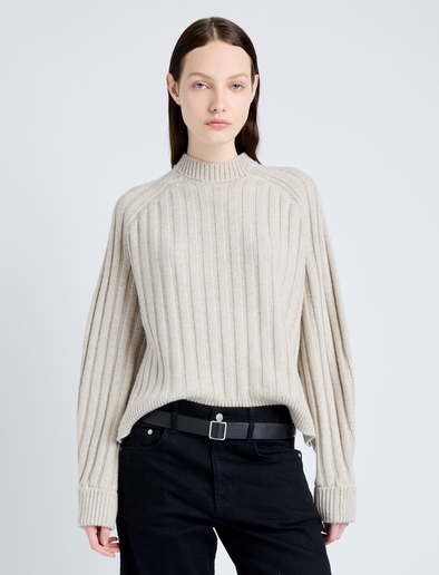 Proenza Schouler Front cropped image of model wearing Delta Top in Cashmere Blend in OATMEAL