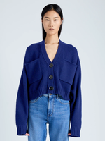 Front cropped image of model wearing Sofia Cardigan In Eco Cashmere in COBALT