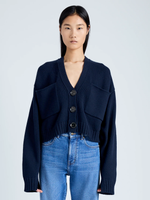 Front cropped image of model wearing Sofia Cardigan in Eco Cashmere in NAVY