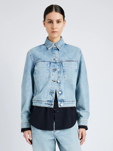 Proenza Schouler cropped front image of model wearing Lawrence Jacket in CLASSIC WASH