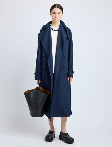 Proenza Schouler Front full length image of model wearing Sabina Coat in Technical Nylon Jacquard in Midnight