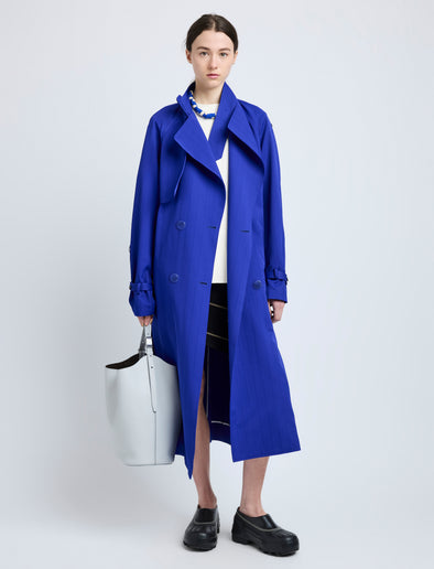 Proenza Schouler Front full length image of model wearing Sabina Coat in Technical Nylon Jacquard in Cobalt