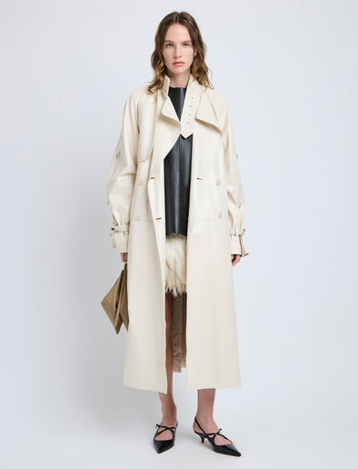 Proenza Schouler Front full length image of model wearing Sabina Coat in Lacquered Leather in Ecru