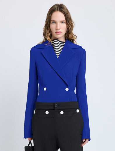 Proenza Schouler Front cropped image of model wearing Marine Jacket in Bi-Stretch Suiting in Cobalt