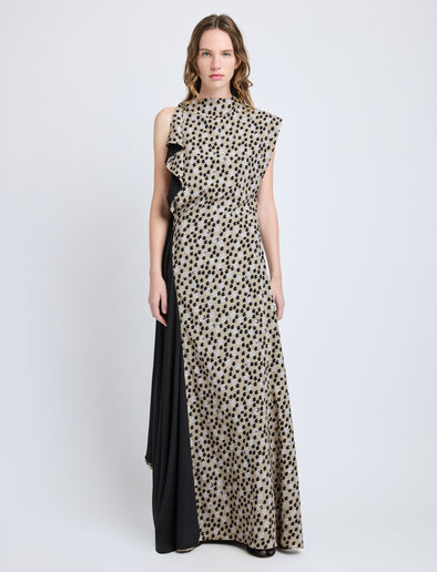 Proenza Schouler Front full length image of model wearing Devyn Dress in Printed Silk Viscose in Sand Multi