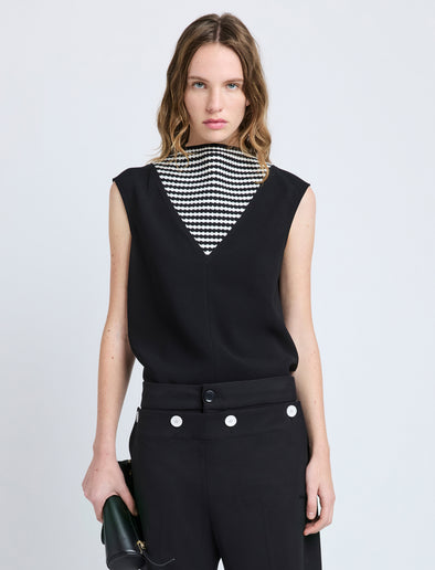 Proenza Schouler Front Cropped image of model wearing Prescott Top in Matte Viscose Crepe in Black Multi