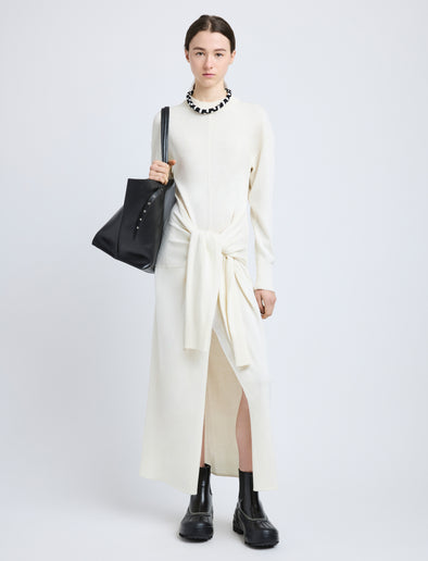 Proenza Schouler Front full length image of model wearing Luca Dress in Silk Cotton Crepe Knit in Off White