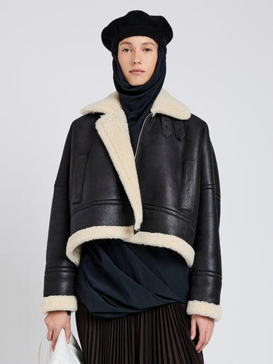 Proenza Schouler cropped front image of model wearing Alya Jacket In Shearling in black/white 