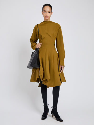 Proenza Schouler Front full length image of model wearing Tiana Dress in Bi Stretch Cotton Nylon in Fatigue