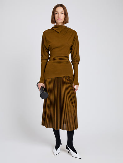 Proenza Schouler Front full length image of model wearing Eda Skirt in Jersey in Tobacco