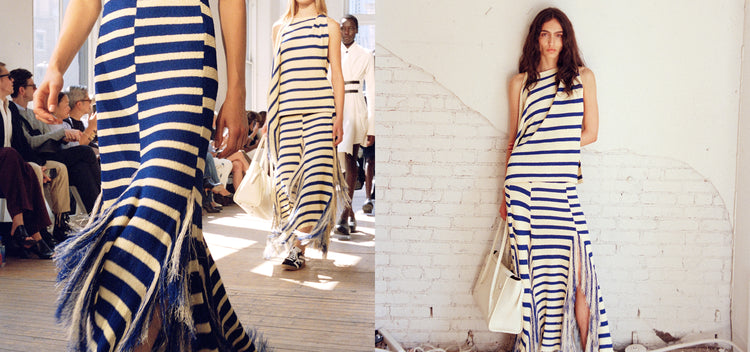 Diptych image of models walking Proenza Schouler SS25 Runway wearing Yves Dress in Stripe Fringed Knit in cobalt multi and model standing against white brick wall wearing Yves Top and Skirt in Stripe Fringed Knit in pale yellow multi, holding the Tate Bag in ivory