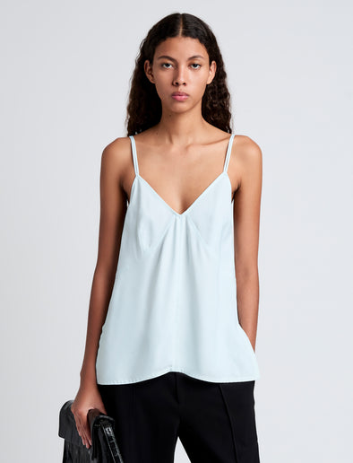 Proenza Schouler cropped front image of model wearing Sabine Top in Viscose Gabardine in light blue