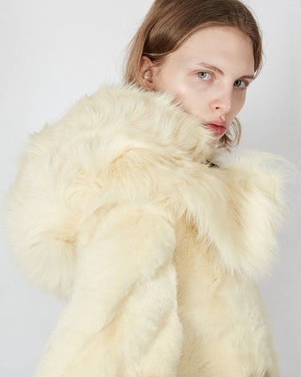 Cropped image of model wearing Fiona Coat in Shearling in resin