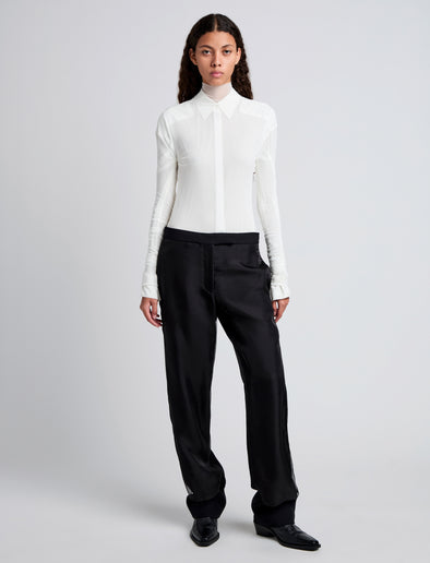 Proenza Schouler front image of model wearing Teddy Pant in Wool Twill Suiting with Organza in black