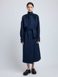 Proenza Schouler Front full length image of model wearing Sabina Coat in Technical Nylon Jacquard in Midnight