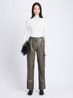 Front image of model wearing Faux Leather Straight Leg Pants in wood