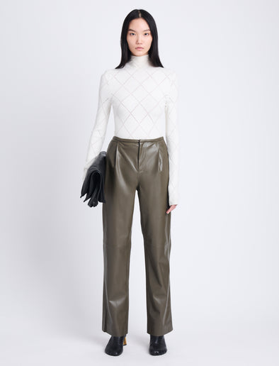 Front image of model wearing Faux Leather Straight Leg Pants in wood