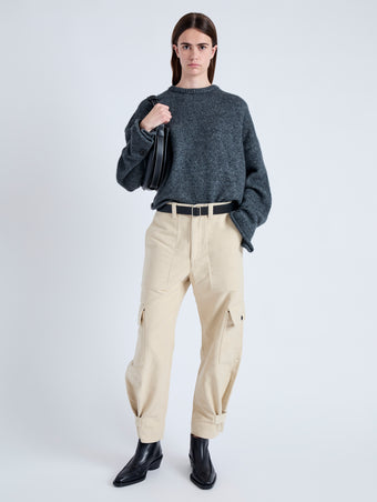 Front image of model wearing Kay Cargo Pant in CANVAS