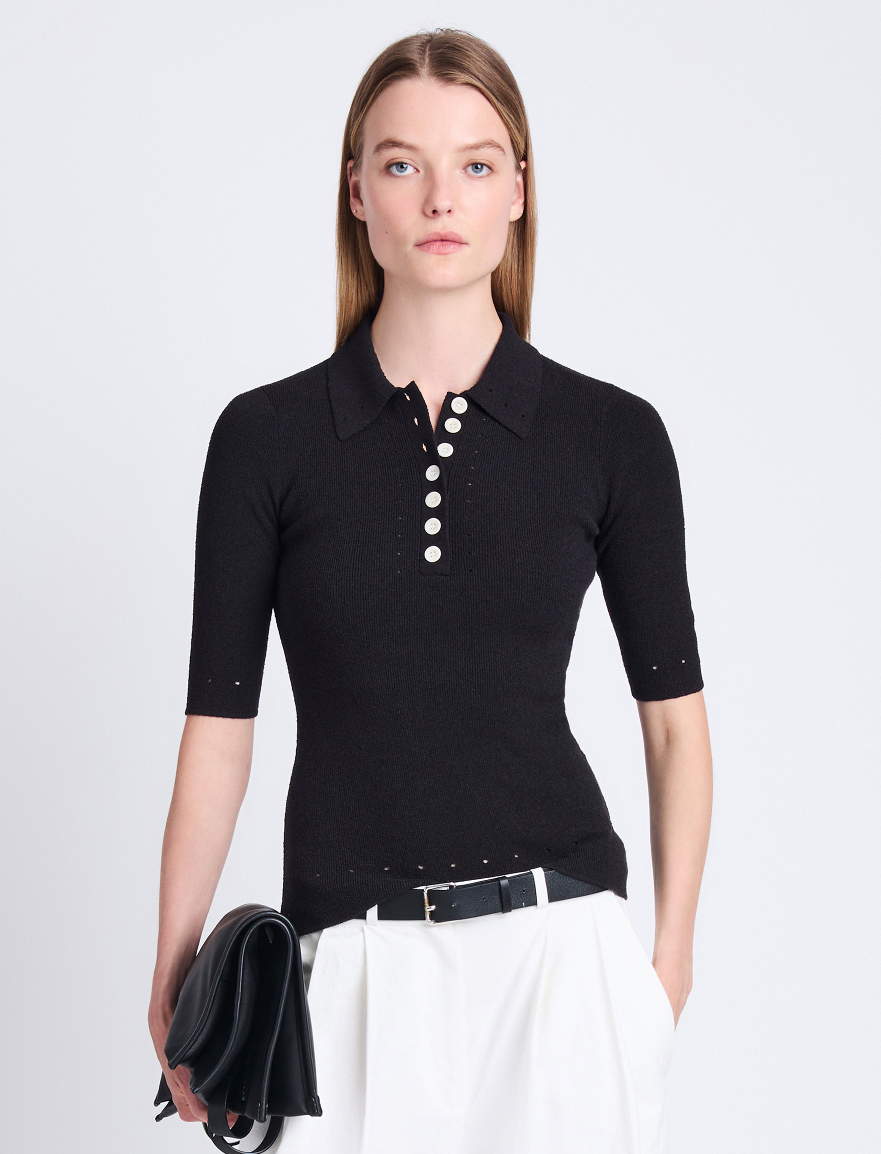 Spencer Knit Polo in Boucle Viscose - Black
