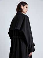 Detail image of model wearing Clark Trench Coat in Cotton Nylon in BLACK