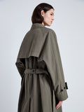 Detail image of model wearing Clark Trench Coat in Cotton Nylon in khaki