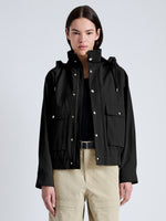 Front cropped image of model wearing Windsor Jacket in Solid Cotton Linen in BLACK