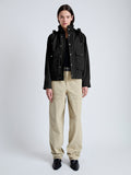 Front full length image of model wearing Windsor Jacket in Solid Cotton Linen in BLACK