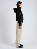 Side full length image of model wearing Windsor Jacket in Solid Cotton Linen in BLACK