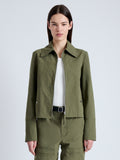 Front cropped image of model wearing Barnes Jacket in Rumpled Cotton in DARK OLIVE